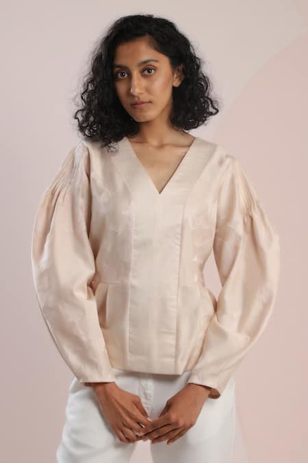 Dhi_Pink Chanderi Embroidery V-neck Balloon Sleeve Peplum Top _at_Aza_Fashions