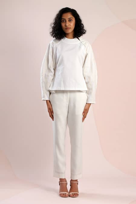 Shop_Dhi_White Handloom Cotton Embroidery Round Neck Sleeve Peplum Top _Online_at_Aza_Fashions