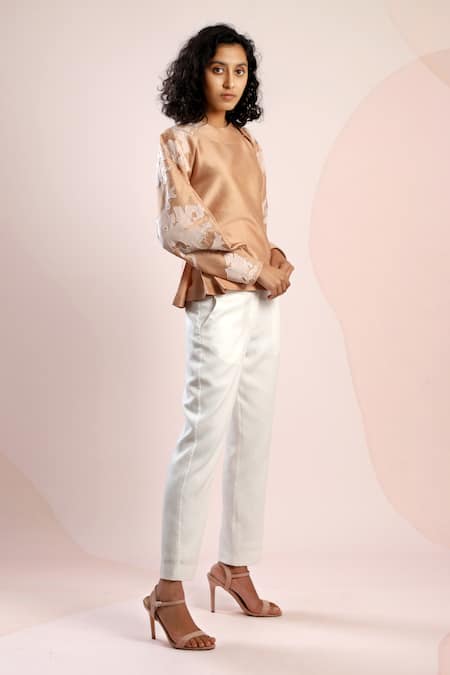 Buy_Dhi_Beige Chanderi Embroidery Round Neck Patch Work Sleeve Peplum Top _Online_at_Aza_Fashions