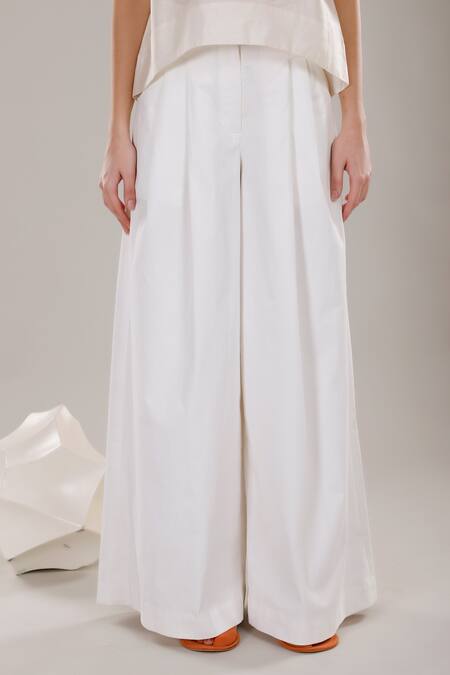 Shop Dhi White Chanderi Silk High Waisted Flared Pant at Aza Fashions Shop_Dhi_White Chanderi Silk High Waisted Flared Pant _at_Aza_Fashions