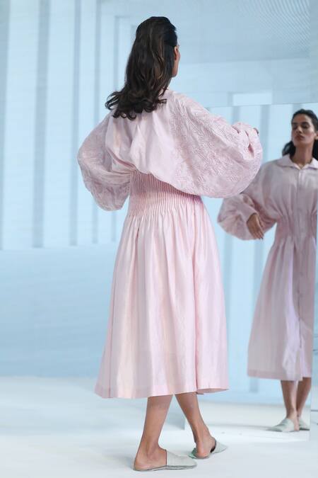 Shop_Dhi_Pink Chanderi Silk Embroidery Shawl Neck Hand Dress _at_Aza_Fashions