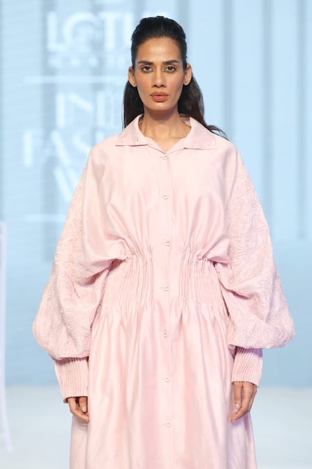 Dhi Pink Chanderi Silk Embroidery Shawl Neck Hand Dress Online at Aza Fashions Dhi_Pink Chanderi Silk Embroidery Shawl Neck Hand Dress _Online_at_Aza_Fashions