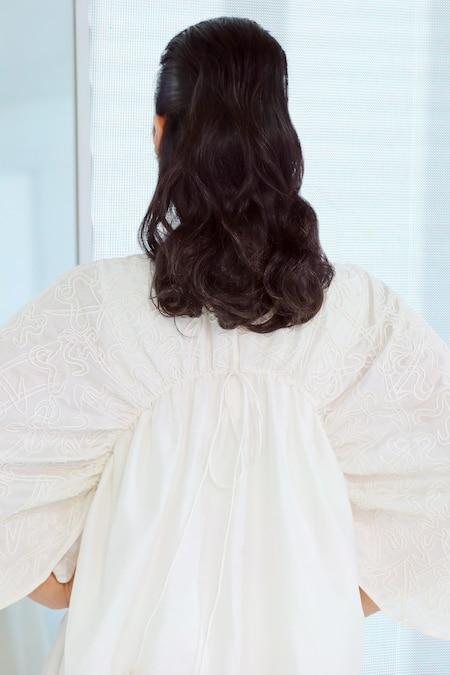 Shop Dhi White Chanderi Silk Embroidery Hand Dress at Aza Fashions Shop_Dhi_White Chanderi Silk Embroidery Hand Dress _at_Aza_Fashions