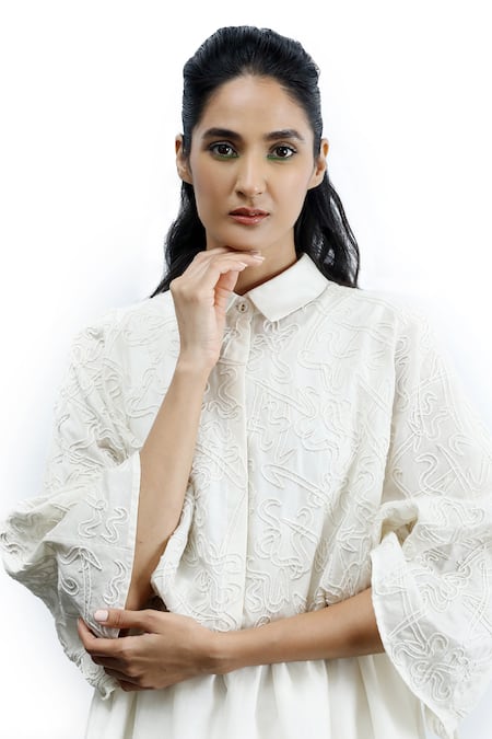 Dhi_White Chanderi Silk Embroidery Hand Dress _Online_at_Aza_Fashions