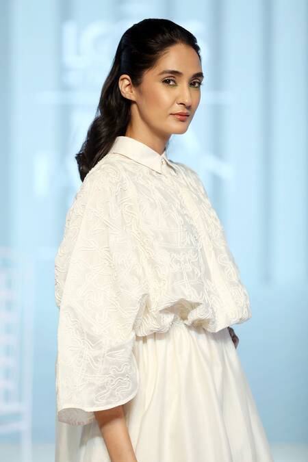 Dhi_White Chanderi Silk Embroidery Hand Dress _at_Aza_Fashions