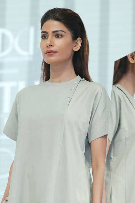 Dhi_Grey Cotton Round Neck Shift Midi Dress _Online_at_Aza_Fashions