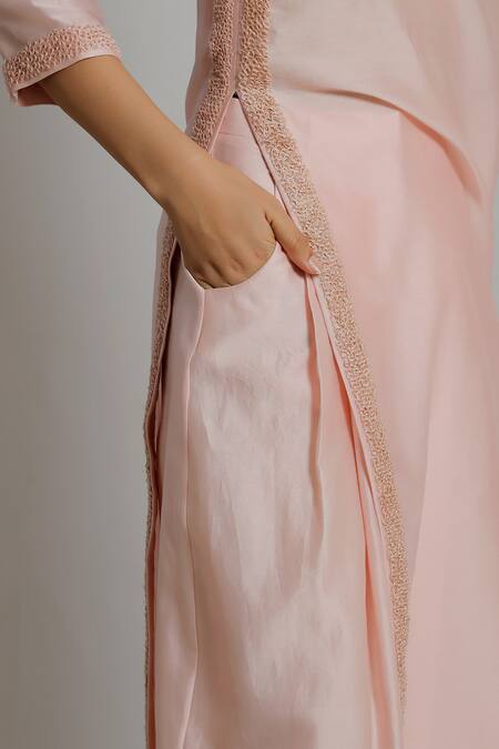 Shop_Dhi_Pink Chanderi Silk Pleated Flared Trouser _Online_at_Aza_Fashions