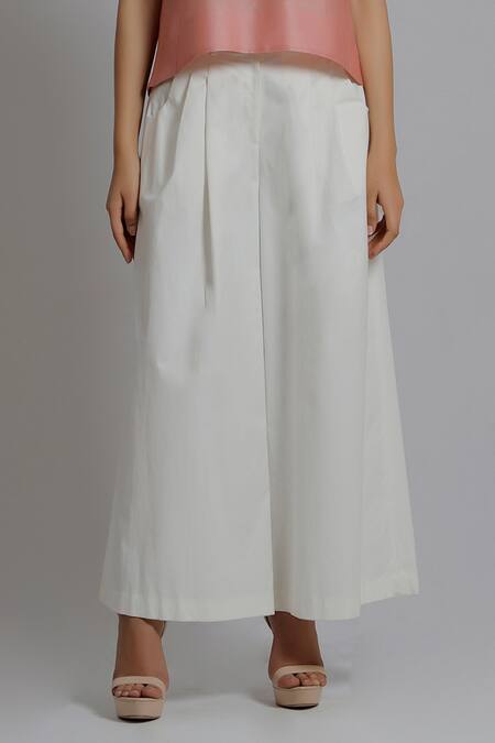 Dhi_White Cotton Twill Flared Trouser _Online_at_Aza_Fashions