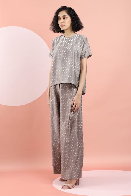 Buy_Dhi_Pink Chanderi Silk Polka Dot Print Flared Pant _Online_at_Aza_Fashions