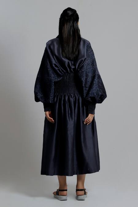 Shop_Dhi_Blue Chanderi Silk Embroidered Thread Shirt Blouson Sleeve Dress _at_Aza_Fashions