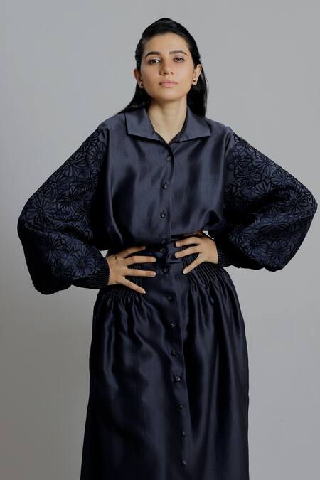 Buy_Dhi_Blue Chanderi Silk Embroidered Thread Shirt Blouson Sleeve Dress _Online_at_Aza_Fashions