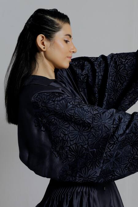 Shop_Dhi_Blue Chanderi Silk Embroidered Thread Shirt Blouson Sleeve Dress _Online_at_Aza_Fashions