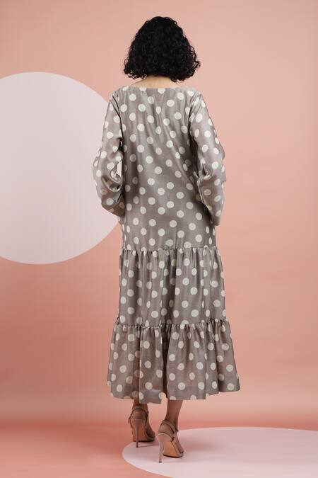 Dhi_Brown Chanderi Round Neck Polka Dot Tiered Dress _Online_at_Aza_Fashions