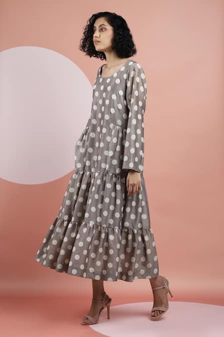 Buy_Dhi_Brown Chanderi Round Neck Polka Dot Tiered Dress _Online_at_Aza_Fashions