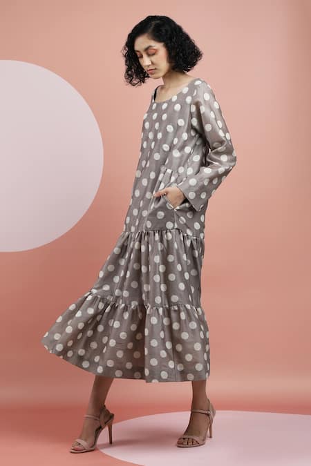 Shop_Dhi_Brown Chanderi Round Neck Polka Dot Tiered Dress _Online_at_Aza_Fashions