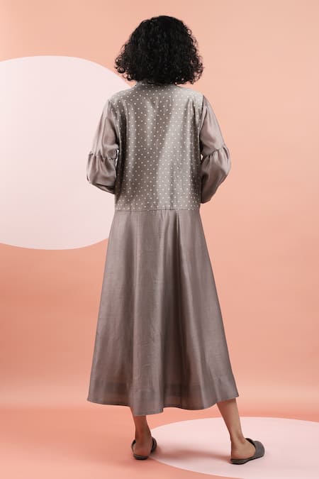 DHI_Brown Chanderi Shawl Neck Polka Dot Shirt Dress _Online_at_Aza_Fashions