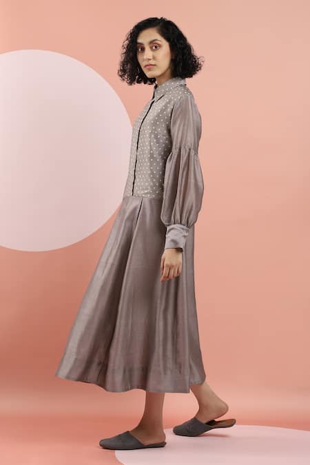 Shop_DHI_Brown Chanderi Shawl Neck Polka Dot Shirt Dress _Online_at_Aza_Fashions