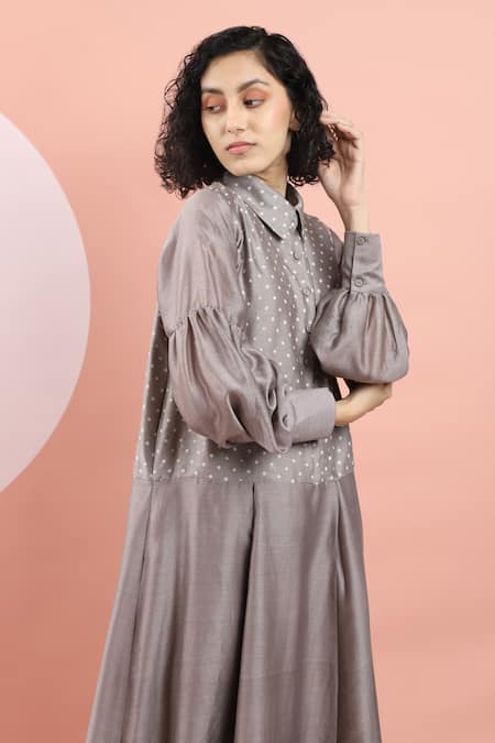 DHI_Brown Chanderi Shawl Neck Polka Dot Shirt Dress _at_Aza_Fashions
