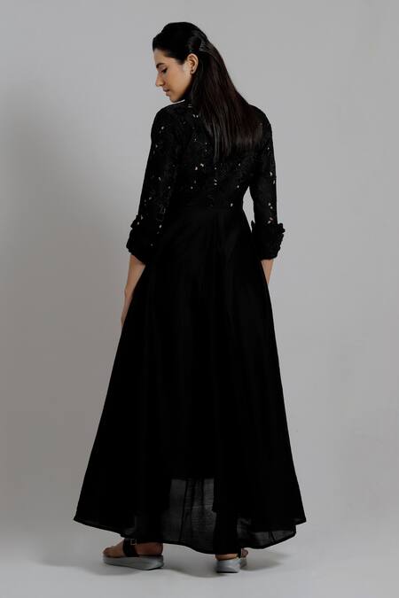 Shop_Dhi_Black Chanderi Silk Embroidered Floral Asymmetric Trench Dress _at_Aza_Fashions