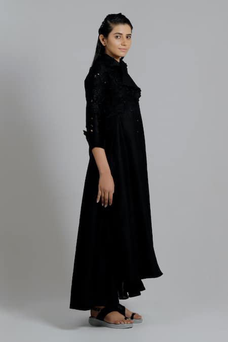 Dhi_Black Chanderi Silk Embroidered Floral Asymmetric Trench Dress _Online_at_Aza_Fashions