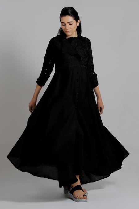Buy_Dhi_Black Chanderi Silk Embroidered Floral Asymmetric Trench Dress _Online_at_Aza_Fashions