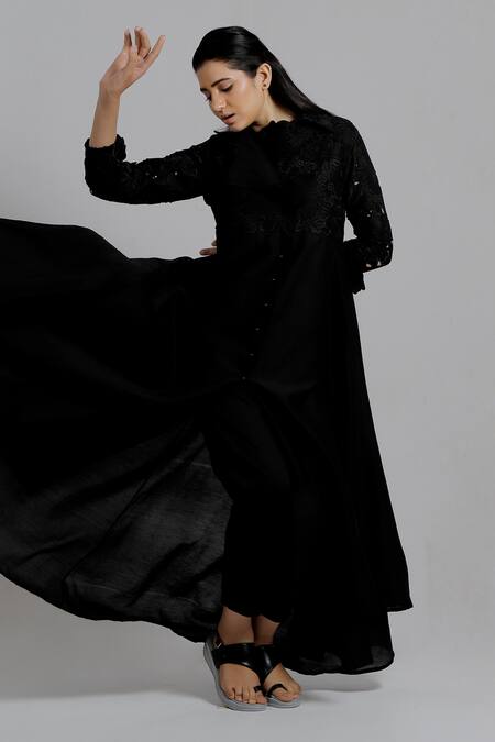 Shop_Dhi_Black Chanderi Silk Embroidered Floral Asymmetric Trench Dress _Online_at_Aza_Fashions