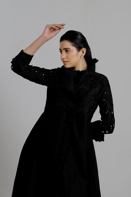 Dhi_Black Chanderi Silk Embroidered Floral Asymmetric Trench Dress _at_Aza_Fashions