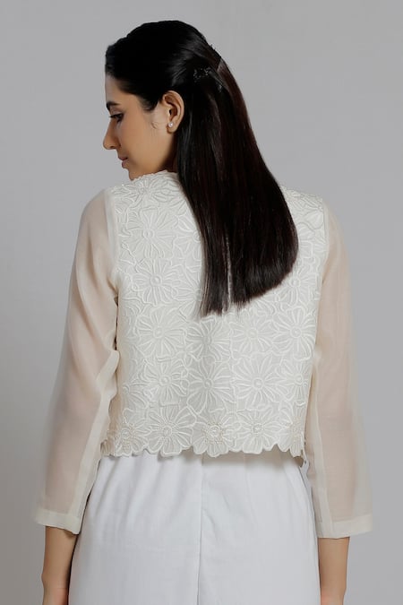 Shop_Dhi_White Chanderi Silk Embroidery Open Neck Shrug _at_Aza_Fashions