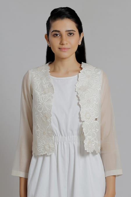 Dhi_White Chanderi Silk Embroidery Open Neck Shrug _Online_at_Aza_Fashions