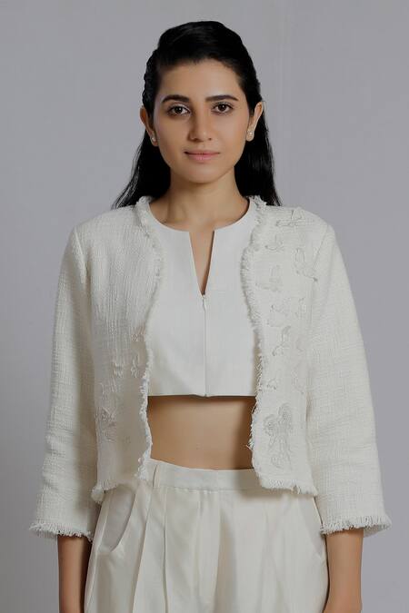 Shop_DHI_White Cotton Applique Open Neck Textured Shrug _at_Aza_Fashions