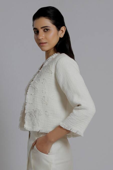 DHI_White Cotton Applique Open Neck Textured Shrug _Online_at_Aza_Fashions