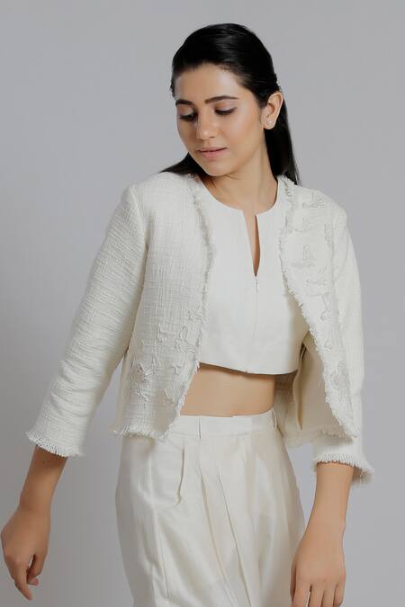 Buy_DHI_White Cotton Applique Open Neck Textured Shrug _Online_at_Aza_Fashions