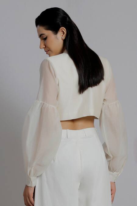 Shop_Dhi_White Chanderi Silk Open Neck Box Pleat Cropped Shrug _at_Aza_Fashions