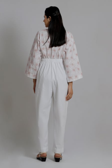 Shop_Dhi_White Handloom Cotton Embroidery Mandarin Collar Floral Jumpsuit _at_Aza_Fashions