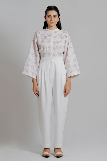 Dhi_White Handloom Cotton Embroidery Mandarin Collar Floral Jumpsuit _Online_at_Aza_Fashions