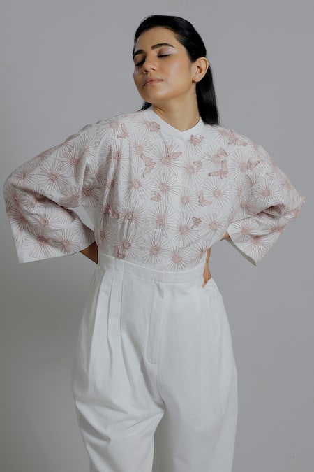 Buy_Dhi_White Handloom Cotton Embroidery Mandarin Collar Floral Jumpsuit _Online_at_Aza_Fashions