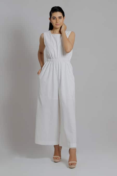 Dhi_White Handloom Cotton Round Neck Sleeveless Jumpsuit _Online_at_Aza_Fashions