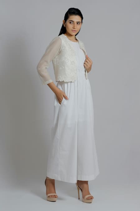 Shop_Dhi_White Handloom Cotton Round Neck Sleeveless Jumpsuit _Online_at_Aza_Fashions