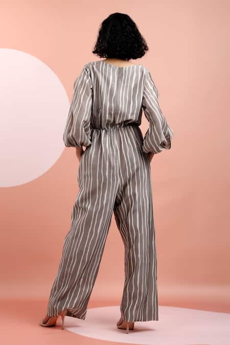 Dhi_Brown Chanderi Round Neck Printed Striped Jumpsuit _Online_at_Aza_Fashions