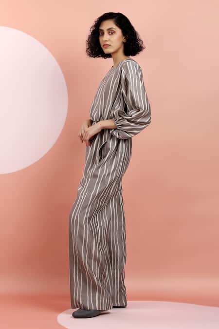 Buy_Dhi_Brown Chanderi Round Neck Printed Striped Jumpsuit _Online_at_Aza_Fashions