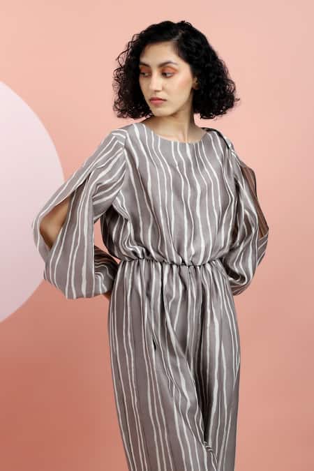 Shop_Dhi_Brown Chanderi Round Neck Printed Striped Jumpsuit _Online_at_Aza_Fashions