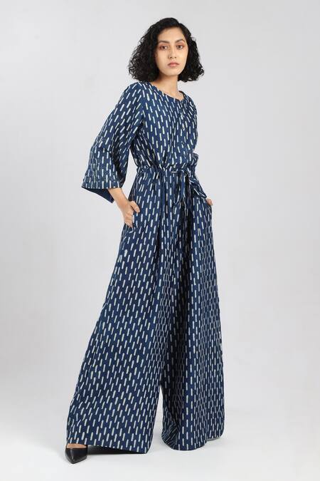 Buy_Dhi_Blue Chanderi Embroidery Round Neck Broken Stripe Jumpsuit _Online_at_Aza_Fashions