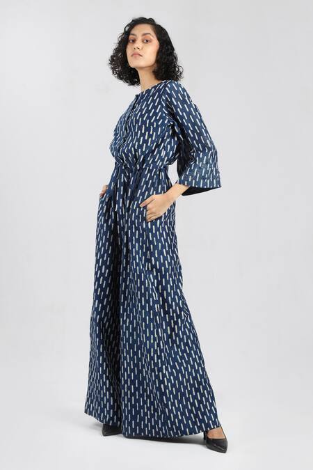 Shop_Dhi_Blue Chanderi Embroidery Round Neck Broken Stripe Jumpsuit _Online_at_Aza_Fashions