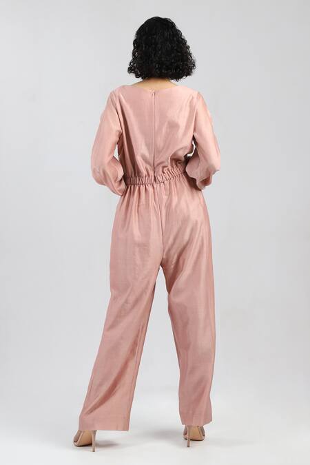 Dhi_Pink Chanderi Round Neck Elasticated Jumpsuit _Online_at_Aza_Fashions