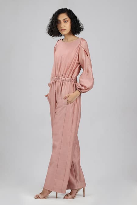 Buy_Dhi_Pink Chanderi Round Neck Elasticated Jumpsuit _Online_at_Aza_Fashions