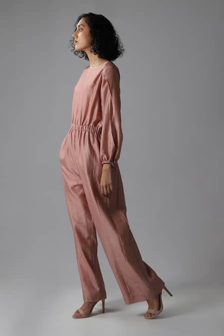 Shop_Dhi_Pink Chanderi Round Neck Elasticated Jumpsuit _Online_at_Aza_Fashions