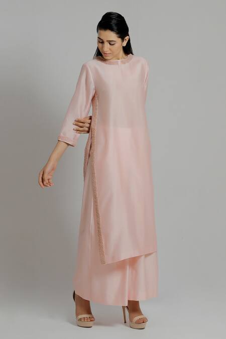 Buy_Dhi_Pink Chanderi Silk Embroidered Thread Round Kurta _Online_at_Aza_Fashions