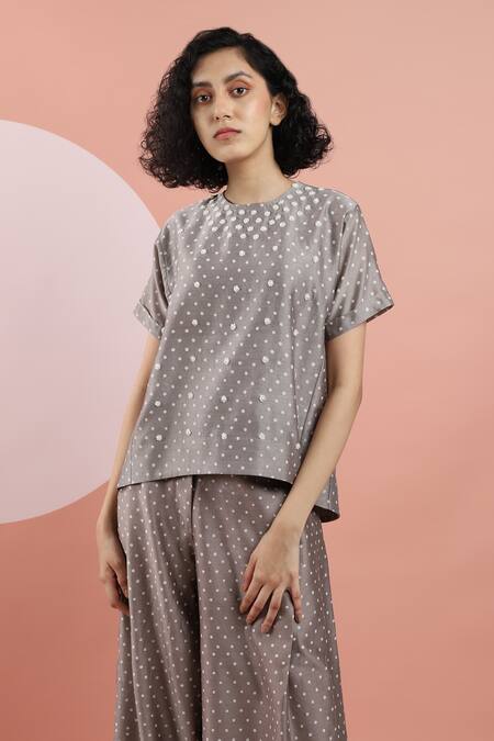 Buy_Dhi_Brown Chanderi Embroidery Round Neck Polka Dot Woven Top _Online_at_Aza_Fashions