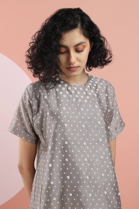 Shop_Dhi_Brown Chanderi Embroidery Round Neck Polka Dot Woven Top _Online_at_Aza_Fashions