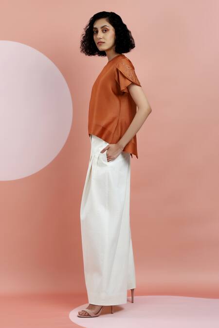 Buy_Dhi_Orange Chanderi Embroidery Round Neck Top _Online_at_Aza_Fashions